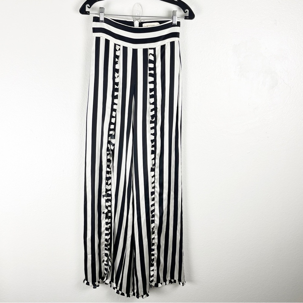 ARTELIER NICOLE MILLER Silk Blend Striped Ruffle Trim High Front Splits Pants 0